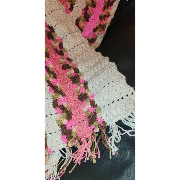 Handmade Crochet Afghan Baby Blanket Fringe 45x38  Multicolor Pink Brown NEW - Picture 2 of 9